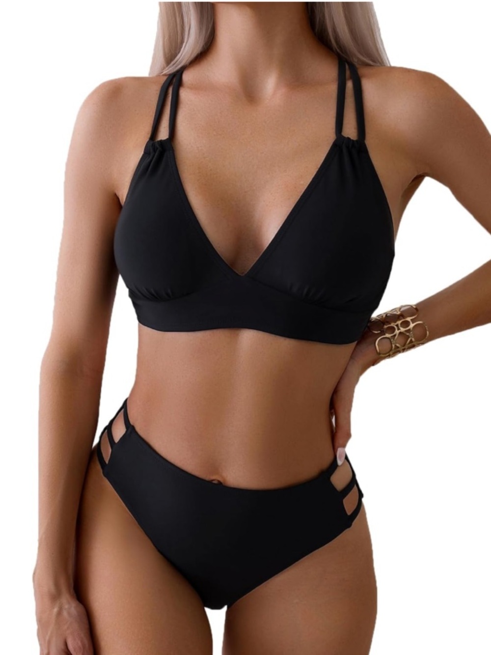 Women’s Black Strappy Bikini Set - Sleek Triangle Top & High Waist Bottoms